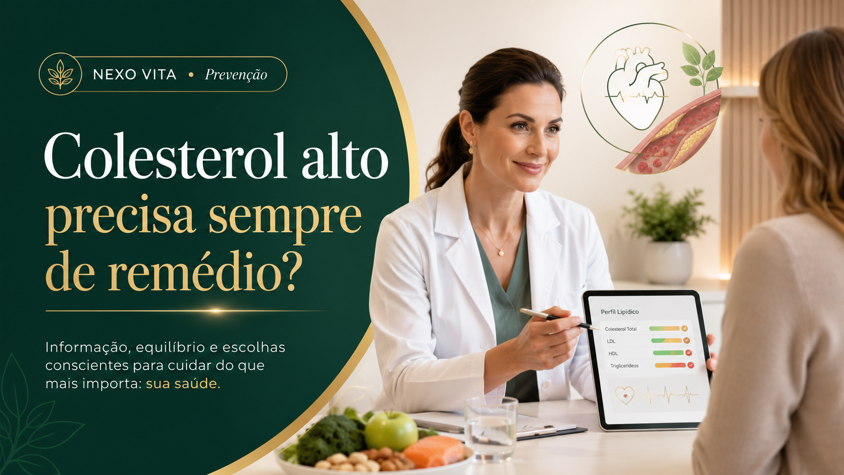 Profissional avaliando resultados de colesterol e risco cardiovascular