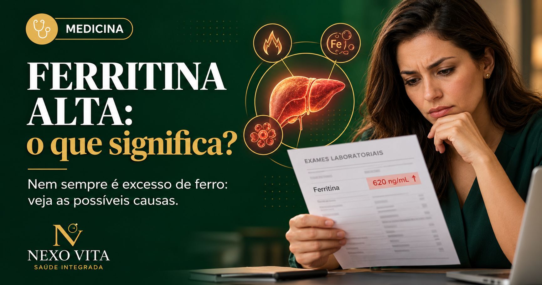 Médico avaliando resultado laboratorial de ferritina