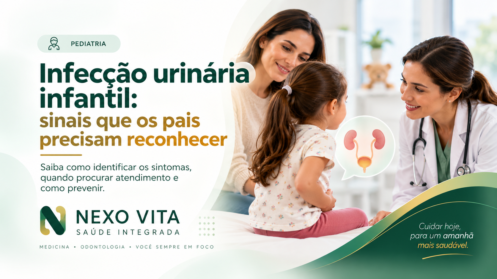 Criança em consulta pediátrica com representação educativa do sistema urinário
