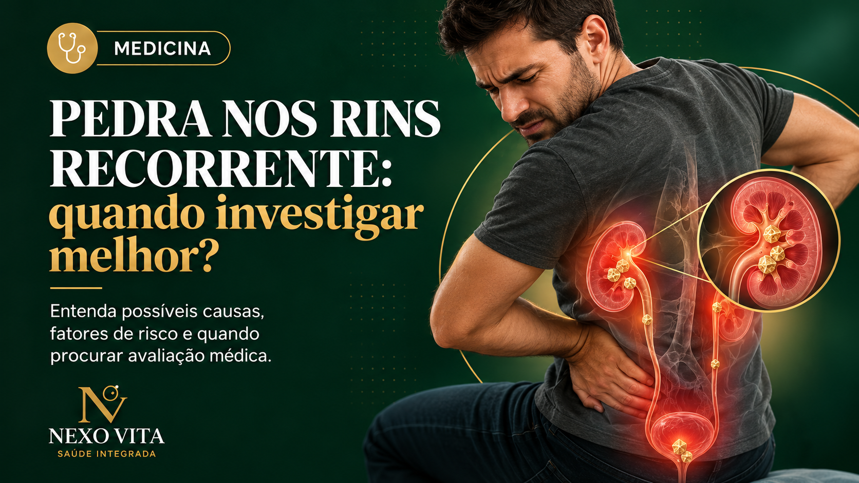 Modelo anatômico dos rins com representação de cálculo renal