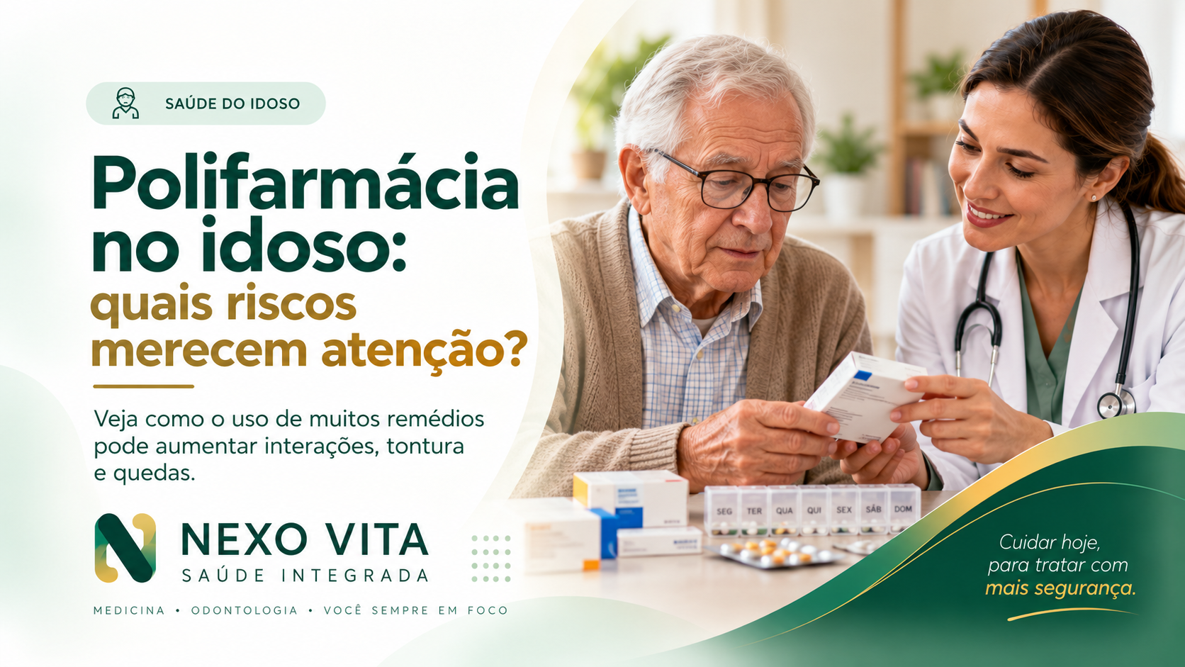 Médico revisando medicamentos de pessoa idosa durante consulta