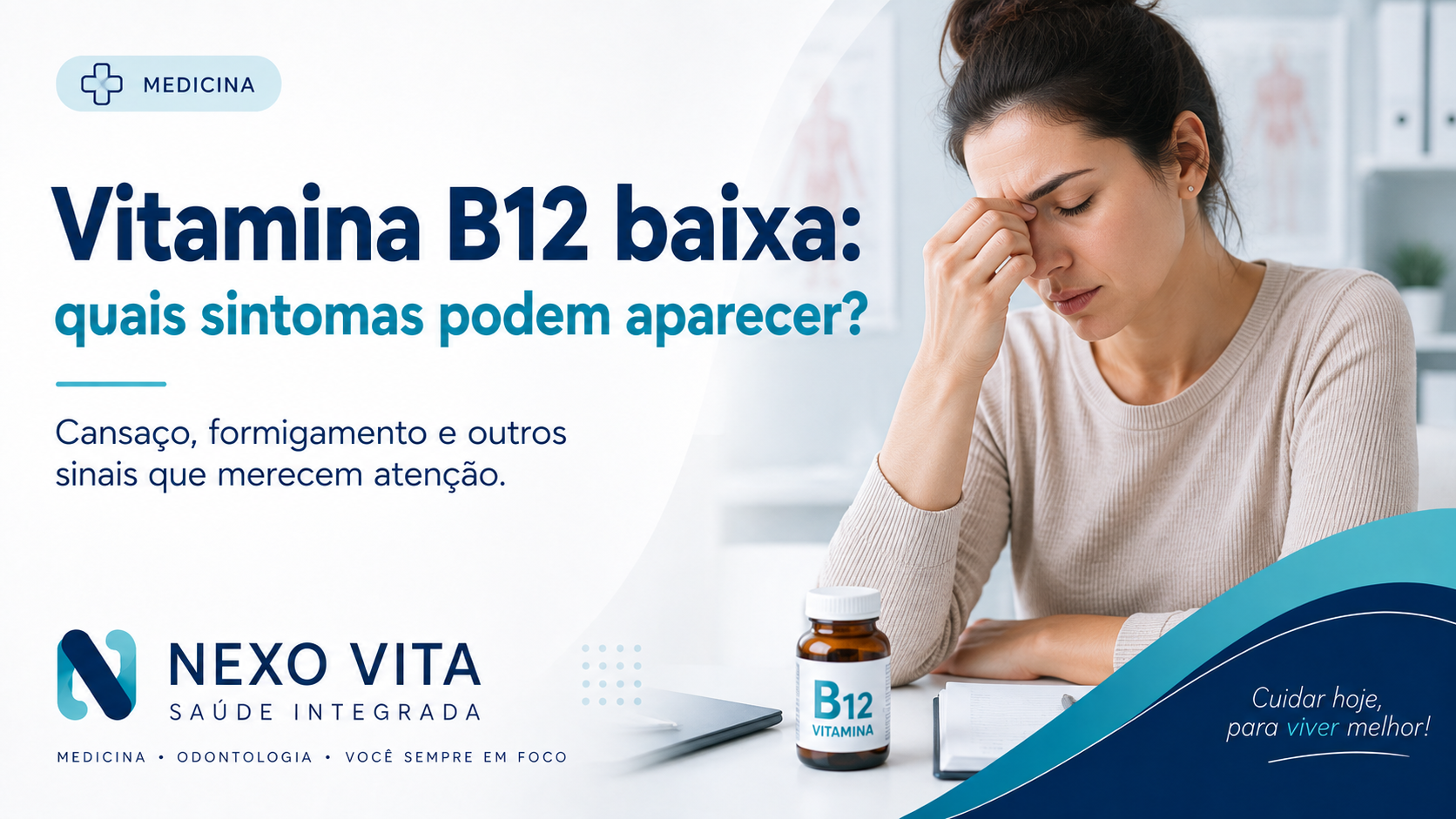 Alimentos fontes de vitamina B12 ao lado de resultado de exame laboratorial